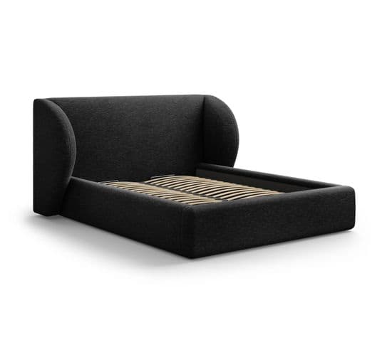 Lit Coffre Avec Tête De Lit "miley", Noir, Tissu Chenille