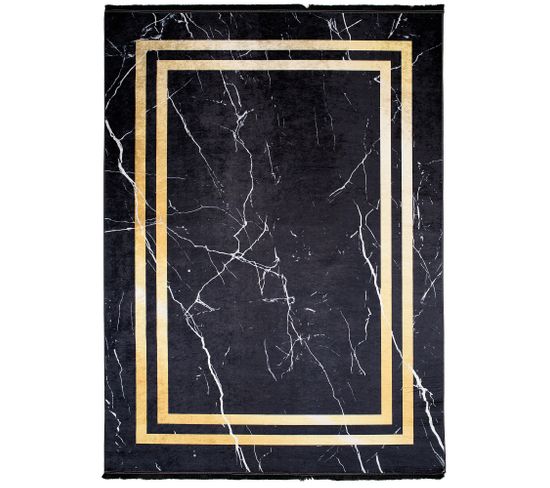 Tapis Salon Doré Noir Marbre Bordure Franges Fin 160x230 Toscana