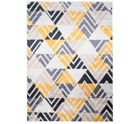 Tapis Salon Jaune Gris Beige Triangles Zigzag Fin 120x170 Toscana