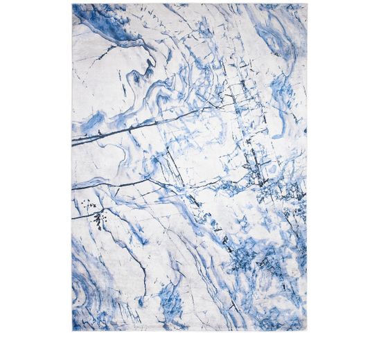 Tapis Salon Bleu Gris Écru Abstrait Marbré Fin 140x200 Toscana