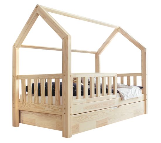 Lit Cabane 90x190 Barrière Sommier Et Tiroir Inclus Daisy - Bois