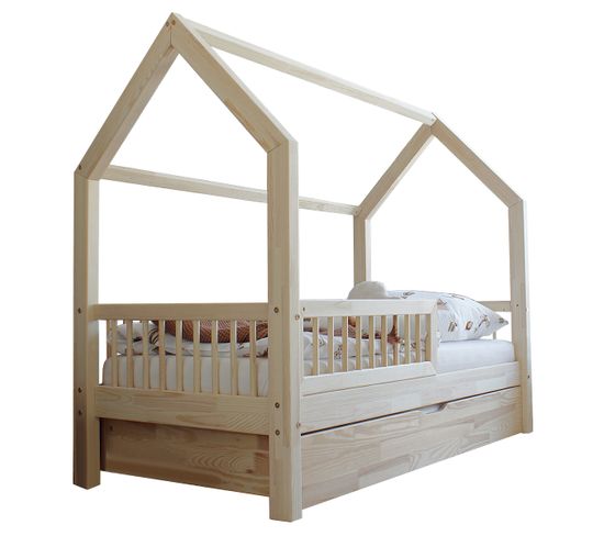 Lit Cabane 90x190 Barrière Sommier Et Tiroir Inclus Sofia - Bois