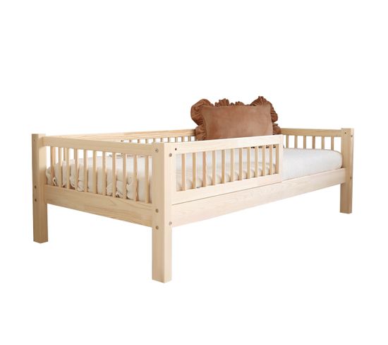 Lit 90x190 Barrière Et Sommier Inclus Pieds 19 Cm Adèle - Bois