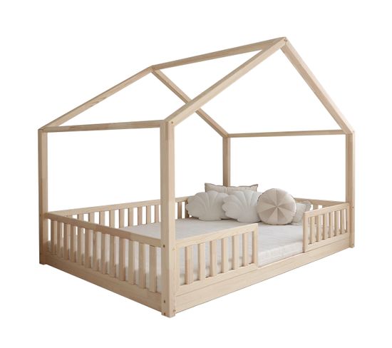 Lit Cabane 140x200 Barrières Et Sommier Inclus Pieds 1 Cm Roxane - Bois