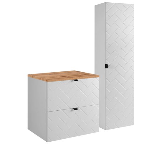 Ensemble Un Meuble Sous Vasque 60 Cm Avec Le Plan Chêne Et Une Colonne 35/136 Cm Madis Blanc