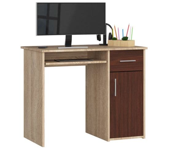 Bureau D'ordinateur Pin Sonoma 90 Cm 1 Porte 1 Tiroir Façade Wengé 3 Étagères 90x50x74 Cm