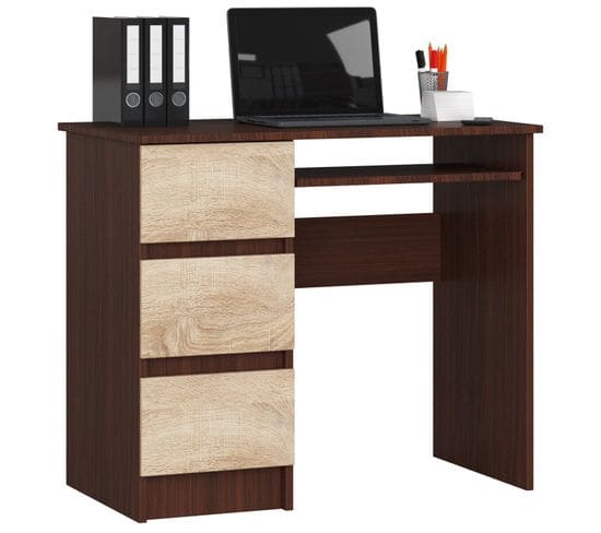 Bureau D'ordinateur Gauche A6 Wengé 90 Cm 3 Tiroirs Façade Chêne Sonoma 1 Étagère 90x50x77 Cm