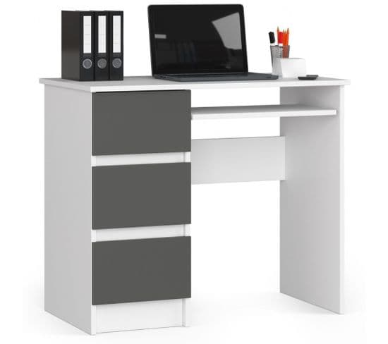 Bureau D'ordinateur Gauche A6 Blanc 90 Cm 3 Tiroirs Façade Gris Graphite 1 Étagère 90x50x77 Cm