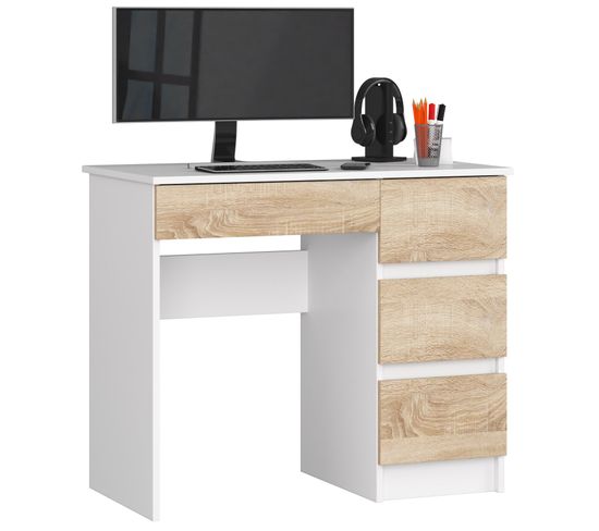 Bureau D'ordinateur Droit A7 Blanc 90 Cm 4 Tiroirs Façade Chêne Sonoma 90x50x77 Cm