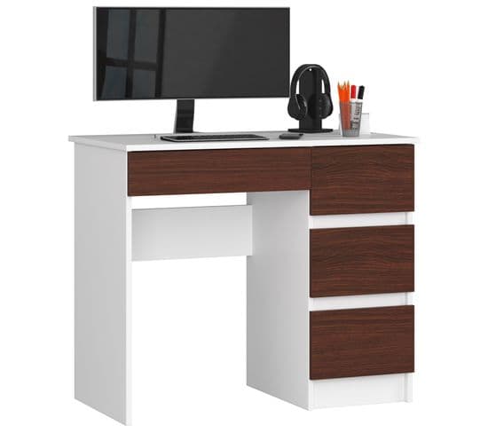 Bureau D'ordinateur Droit A7 Blanc 90 Cm 4 Tiroirs Façade Wengé 90x50x77 Cm