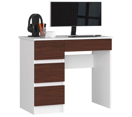 Bureau D'ordinateur Gauche A7 Blanc 90 Cm 4 Tiroirs Façade Wengé 90x50x77 Cm