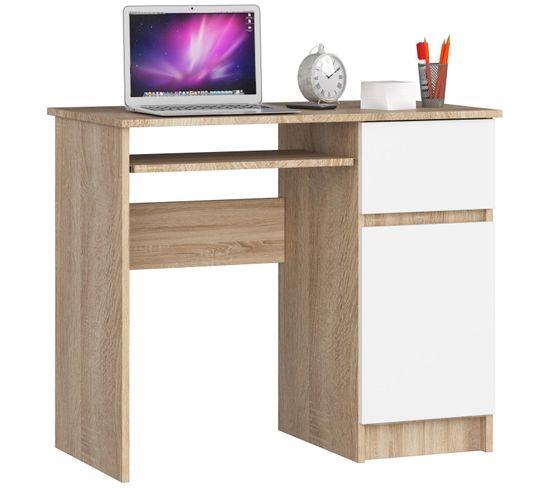 Bureau D'ordinateur Droit Piksel Sonoma 90 Cm 1 Porte 1 Tiroir Façade Blanche 3 Étagères