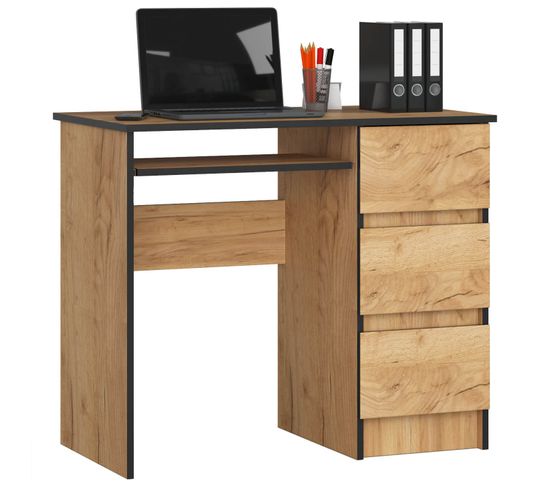 Bureau D'ordinateur Droit A6 Chêne Craft 90 Cm 3 Tiroirs Façade Chêne Craft 1 Étagère 90x50x77