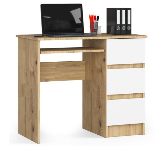 Bureau D'ordinateur Droit A6 Chêne Artisan 90 Cm 3 Tiroirs Façade Blanche 1 Étagère 90x50x77