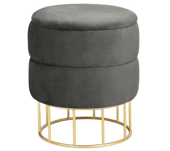 Pouf De Rangement Avec Couvercle Matelassé Elza Velour Colour Gris Graphite Hauteur 42 Cm