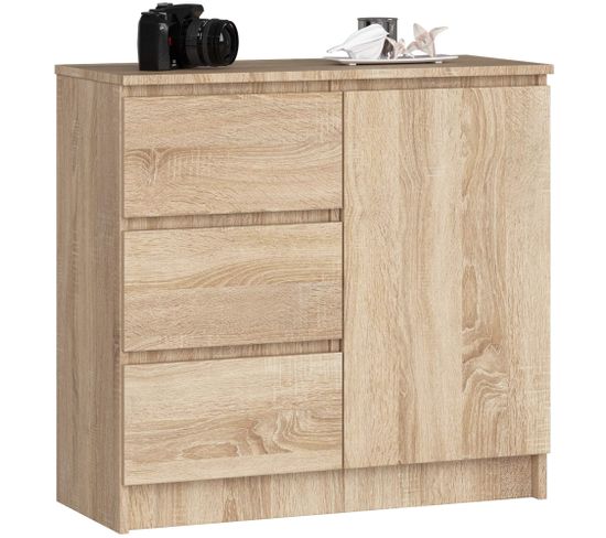 Commode Jerry Chêne Sonoma 80 Cm 1 Porte 3 Tiroirs Façade Chêne Sonoma 2 Étagères 80x35x77 Cm