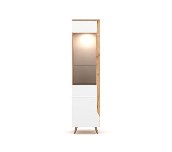 Colonne De Rangement Avec Porte Vitrée L46 Cm - Décor Bois Et Blanc