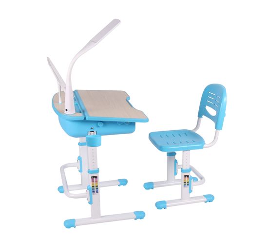 Bureau Ergonomique Réglable Avec la Chaise Et une Lampe Pour Enfants Bleu