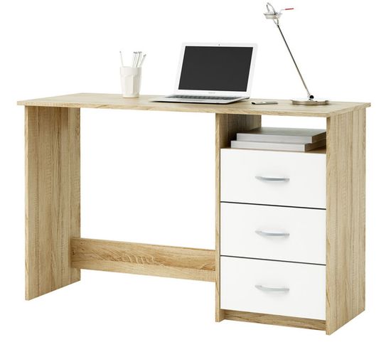 Bureau 1 Caisson 3 Tiroirs Chêne Brossé / Blanc Perle, L 123 X H 76 X P 50 Cm