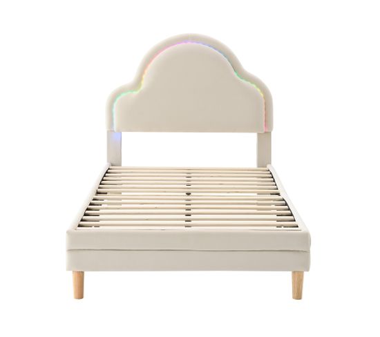 Lit Simple Pour Enfant Avec Tête De Lit En Forme De Nuage Et Bande LED, Velours, Beige, 90x200 Cm