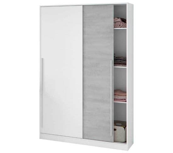 Armoire, placard avec 2 portes coloris blanc artic, ciment  -  L. 120 x H. 200 x P. 50 cm