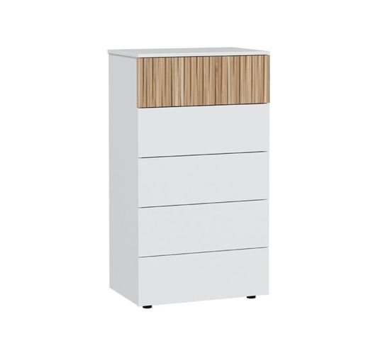 Chiffonnier, meuble de rangement  avec 5 tiroirs coloris blanc artic, naturel