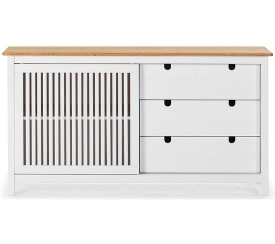 Buffet Bas En Pin Massif Décor Ciré Chêne Et Blanc, Meuble De Rangement - L. 150 X P. 40 X H. 80 Cm