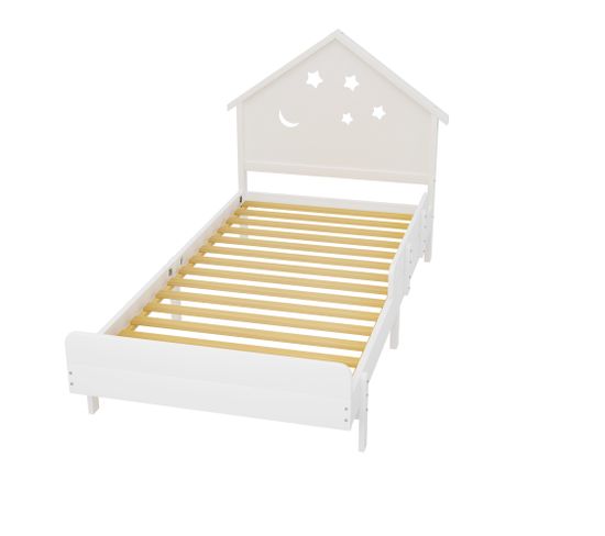 Lit Enfant Maison En Bois Massif 90x200 Cm, Blanc