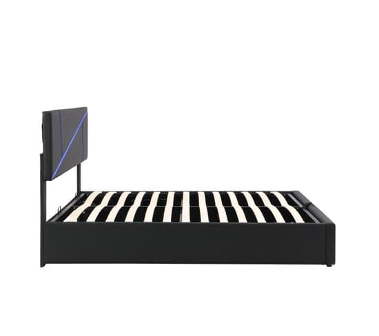 Lit Rembourré Confortable Avec Bandes Lumineuses LED, 140*200 Cm,noir