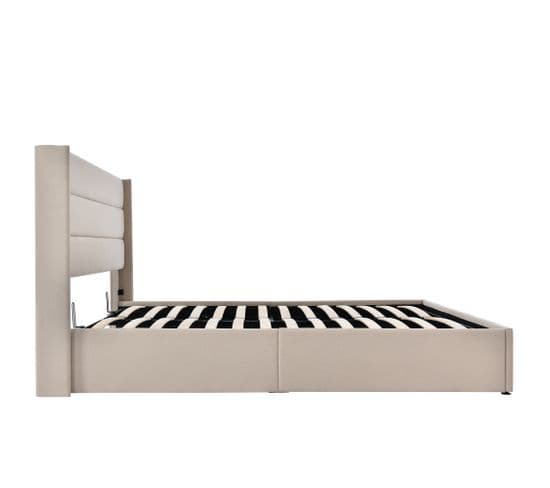 Lit Coffre Lit Capitonné Lit Double Hydraulique 140x200cm,lin, Beige