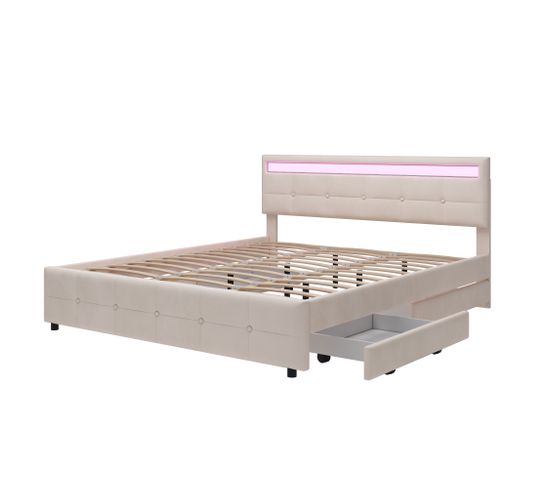 Lit Rembourré 180 X 200 Cm, Lit Double, Cadre De Lit LED Avec 4 Tiroirs,beige