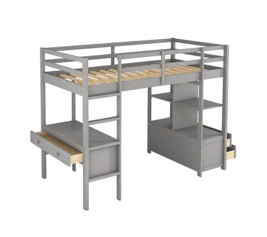 Lit Mezzanine Enfant 90 X 200 Avec Tiroirs De Rangement Et Bureau Sous Lit, Gris