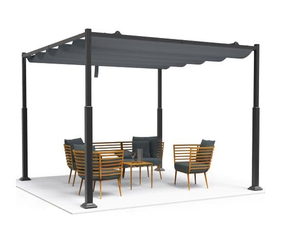 Pergola Rétractable 3x3m En Métal Et Toile Polyester Haute Densité 180g/m2 Gris