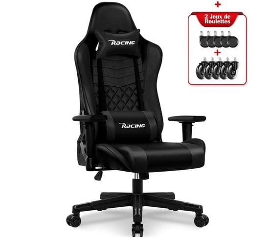 Chaise Gaming Charge 150kg, Fauteuil Bureau Ergonomique, Assise De 56cm, Hauteur, Coussins Réglables