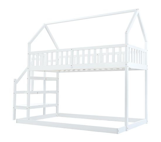 Lit Pour Enfant Avec Lit Superposé, Escalier, Blanc (90x200cm)