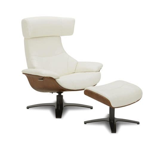 Ensemble Fauteuil + Pouf Cuir Et Chêne Naturel - Naos - Cuir Blanc