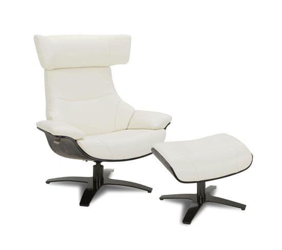 Ensemble Fauteuil + Pouf Cuir Et Chêne Noir - Naos - Cuir Blanc