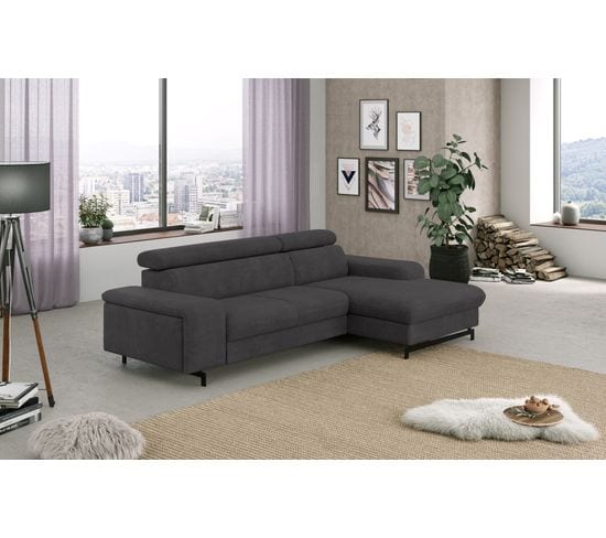 Canapé d'angle convertible EMMA droit tissu rimini anthracite