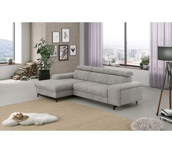 Canapé d'angle convertible EMMA gauche tissu rimini gris clair