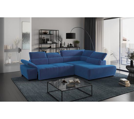 Canapé d'angle droit TORINO tissu velvet bleu