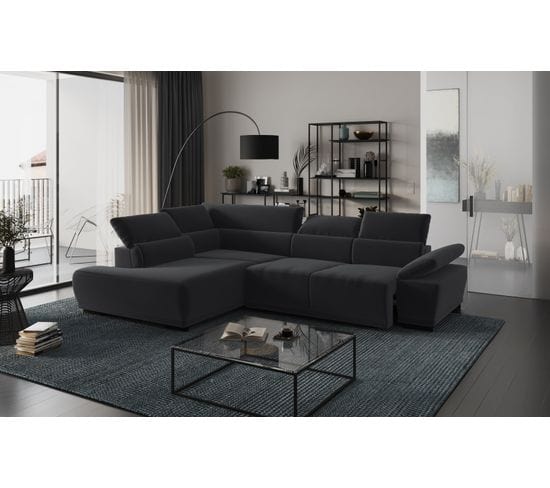 Canapé d'angle gauche TORINO tissu velvet noir