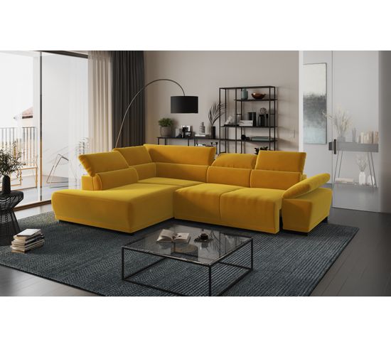 Canapé d'angle gauche TORINO tissu velvet jaune