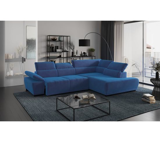 Canapé d'angle gauche TORINO tissu velvet bleu
