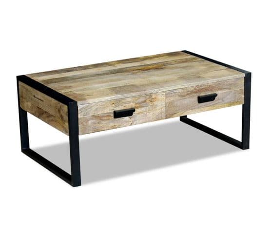 Table Basse Avec 2 Tiroirs Bois De Manguier Massif 100x60x40 Cm