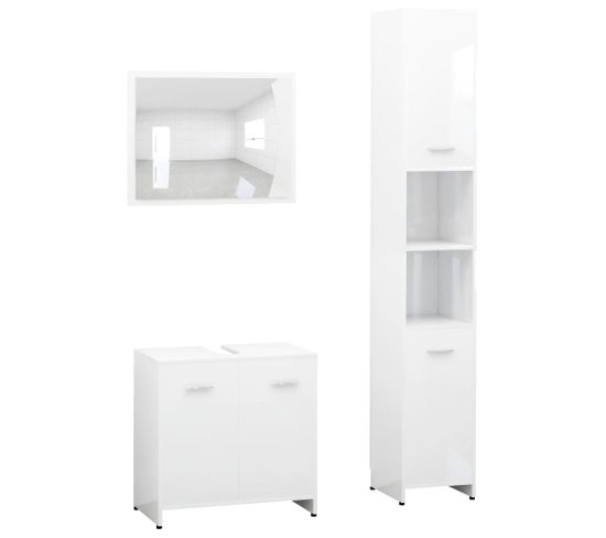 Ensemble De Meubles De Bain 3pcs Blanc Brillant Bois Ingénierie