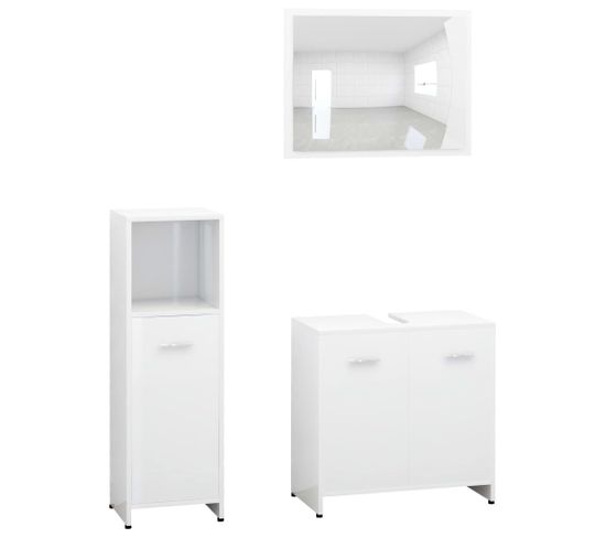 Ensemble De Meubles De Bain 3pcs Blanc Brillant Bois Ingénierie