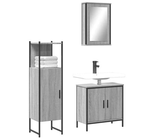 Ensemble De Meubles De Salle De Bain 3 Pièces Sonoma Gris