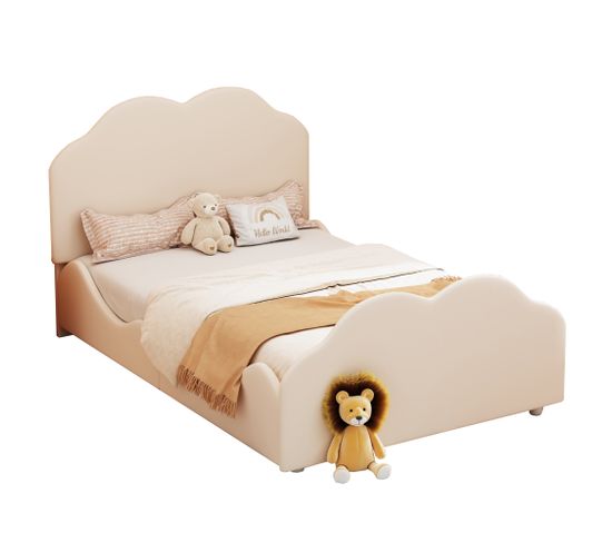 Lit Simple Enfant 90x200 Cm, Tête Et Pied De Lit En Forme De Nuage - Velours - Beige