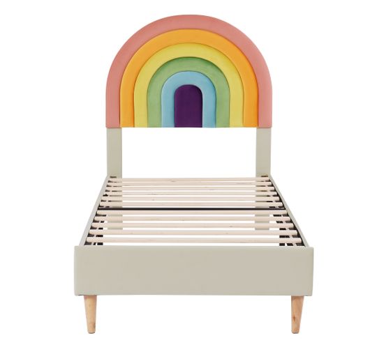 Lit Simple Enfant 90x200 Cm Avec Sommier à Lattes Et Tête De Lit Arc-en-ciel - Beige