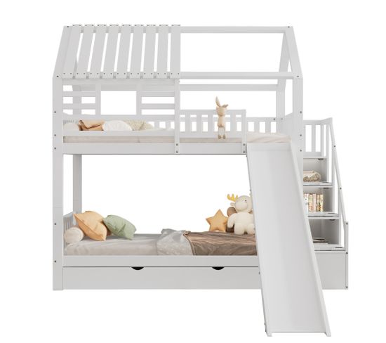 Lit Pour Enfant Avec Escalier Et Toboggan, Lit En Forme De Maison, Blanc, 90x200cm